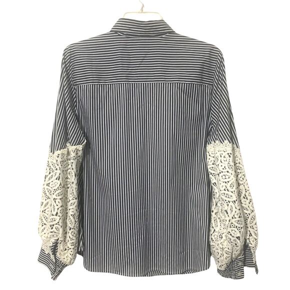 Chico's Poplin Stripe Crochet Puff Sleeve Button Front Shirt Top Blouse sz 10 US - Picture 5 of 10